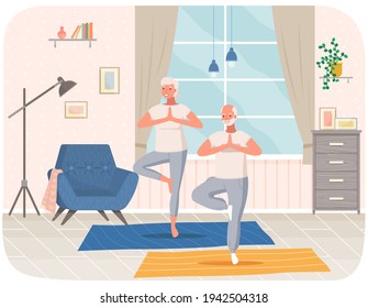 Man doing yoga at home. Elderly happy man standing in tree pose. Person takes care of his health