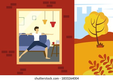 Man doing yoga at home. Illustration of half a house and a street. Autumn illustration in flat style.