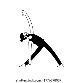 Hombre haciendo el concepto de ilustración del yoga. Vector de pose de yoga en blanco y negro. Ejercicio de formación de equilibrio