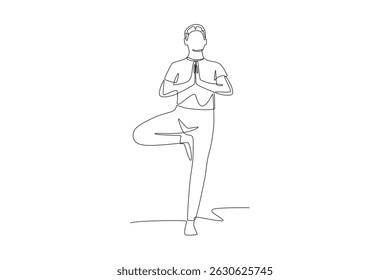 Man doing yoga. International yoga day concept one-line drawing