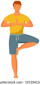 Man doing yoga isolated on white background. Young happy man standing in a tree pose. Male character taking care of his health, leads a healthy lifestyle, doing relaxation exercises, gets energy
