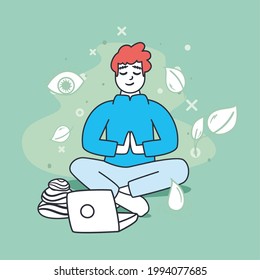 man doing yoga with laptop and spa stones