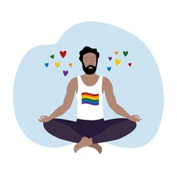 Man Doing Yoga. LGBTQ Community. Gay Man Sitting In Lotus Position.