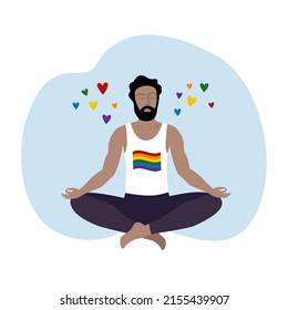 Hombre haciendo yoga. Comunidad LGBTQ. Hombre gay sentado en posición de loto.