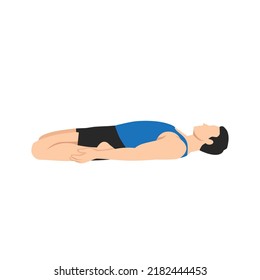 Man doing yoga, lying in Reclining Hero exercise, Supta Virasana pose, working out. Flat vector illustration isolated on white background