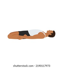 Man doing yoga, lying in Reclining Hero exercise, Supta Virasana pose, working out. Flat vector illustration isolated on white background