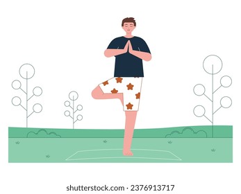 Un hombre está haciendo mediación de yoga, en una pose para mantener el equilibrio, ejercicio matutino en un parque pacífico. Diseño de caracteres. Ilustración plana del vector