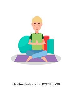 Man doing yoga and meditation, male sitting on carpet with pillows, concentration and stress relief, vector illustration isolated on white background