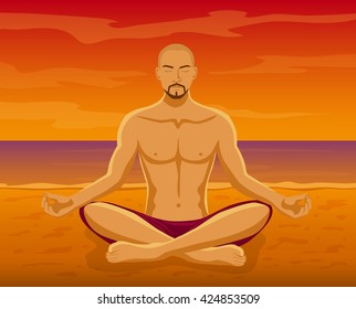 Man doing Yoga Meditation on the beach during Sunset Vector Illustration. Man meditating in Lotus Pose at the seaside. Yoga Meditation Outdoor