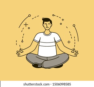 Man doing yoga. Meditation, relax in linear style. Vector illustration