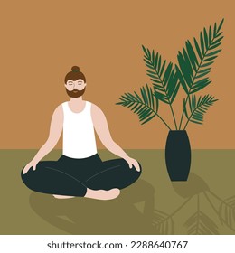 Man doing yoga, meditation in the room with a houseplant. A calm character is sitting on the floor. A person is engaged in exercises in harmony with himself, enjoys. Cartoon vector illustration