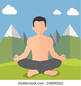 hombre haciendo yoga en las montañas - vector de diseño plano 