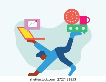 Mann macht Yoga und Multitasking mit Laptop, Chat, Uhr und Kaffee Illustration
