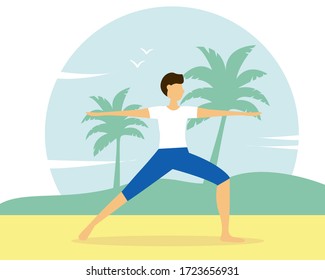 Man doing yoga on the beach. Illustration of the concept of a healthy lifestyle, physical exercise, yoga. Vector illustration in flat style.