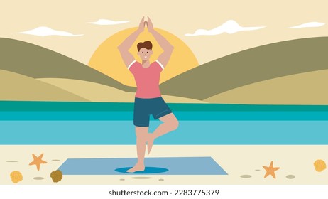 Man doing yoga on the beach. Illustration of the concept of a healthy lifestyle, physical exercise, yoga.