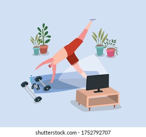 Mann, der Yoga auf Matte vor TV-Design von Stay at home Thema Vektorgrafik