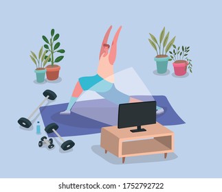 Man doing yoga on mat in front of tv design of Stay at home theme Vector illustration