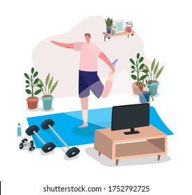 Mann, der Yoga auf Matte vor TV-Design von Stay at home Thema Vektorgrafik