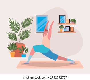 Man doing yoga on mat design of Stay at home theme Vector illustration