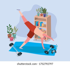 Man doing yoga on mat design of Stay at home theme Vector illustration