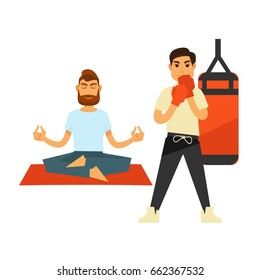 Mann, der Yoga auf Teppich macht und Boxer in Handschuhen