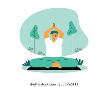 Man doing yoga outdoors, with both hands raised facing each other in front of chest, calm and peaceful, eyes closed, calming nature background, some trees and grass, meditation vector illustration.