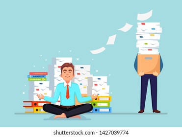 Man doing yoga. Pile of paper, busy businessman with stack of documents in carton, cardboard box. Paperwork. Bureaucracy. Worker meditating, relaxing, calm down manage stress. Stressed employee
