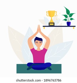 Man doing yoga pose on mat. Sports at home, and male happiness concept with concept with spatifillum plant, vector