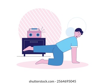 Man doing yoga with radio sound to calm down at home. Self reflection. Character design. Vector flat illustration