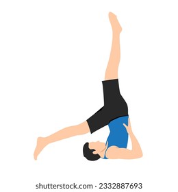 Man doing yoga shoulder stand pose. using hands push back and lift the legs up. Flat vector illustration isolated on white background