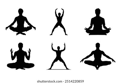 Man doing Yoga Silhouette Clipart Bundle, Yoga Vector Black Silhouette Set