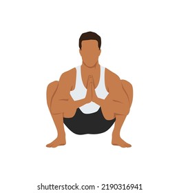 Man doing yoga, sitting in malasana garland pose. Flat vector illustration isolated on white background
