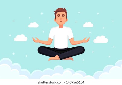 Man Doing Yoga In Sky With Clouds. Yogi Sitting In Padmasana Lotus Pose, Meditating, Relaxing, Calm Down And Manage Stress. Vector Cartoon Design