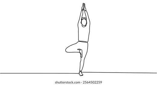 A man doing yoga, symbolizing flexibility, peace, and health. One line drawing depicting the balance between mind and body. Vector illustration hand drawn.