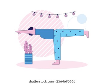 Man doing yoga wearing casual clothes at home, relaxing in the morning when he wakes up. Character design. Vector flat illustration