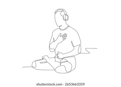 Man doing yoga while listening to relaxation music. Mental health retreats concept one-line drawing