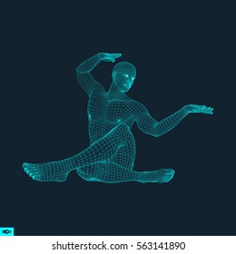 Man Doing Yoga Workout. 3D Model of Man. Healthy lifestyle. Training Concept. Vector Illustration.
