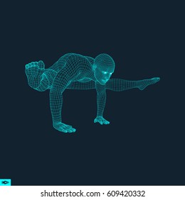 Hombre haciendo entrenamiento de yoga. Modelo 3D de hombre. Estilo de vida saludable. Concepto de formación. Ilustración vectorial.