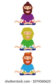 Man Doing Yoga workout. Asanas set. Tree, Lotus Meditation