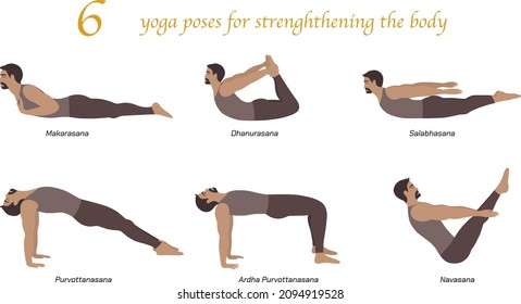 Hombre haciendo entrenamiento de yoga. Conjunto de asanas de 6 posturas. Diseño plano para infografías. Makarasana, Dhanurasana, Salabhasana, Purvottanasana, Ardha Purvottanasana, Navasana.