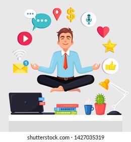 Man doing yoga at workplace in office with social network, media icon. Worker sitting in padmasana lotus pose on desk with flying paper, meditating, relaxing, calm down, manage stress Vector design