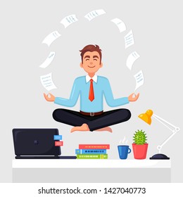 Man doing yoga at workplace in office. Worker sitting in padmasana lotus pose on desk with flying paper, meditating, relaxing, calm down and manage stress. Vector flat design