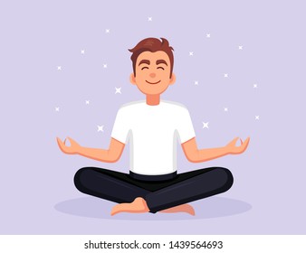 Man doing yoga. Yogi sitting in padmasana lotus pose, meditating, relaxing, calm down and manage stress. Vector cartoon design