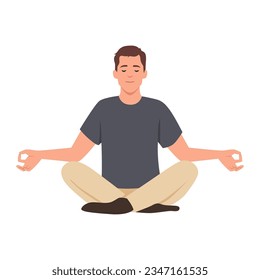 Hombre haciendo yoga. Yogi sentados en padmasana lotus posan, meditando, relajándose, calmándose y manejando el estrés. Ilustración vectorial plana aislada en fondo blanco