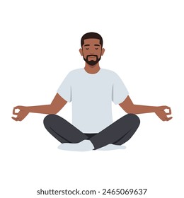 Man doing yoga. Yogi sitting in padmasana lotus pose. Flat vector illustration isolated on white background