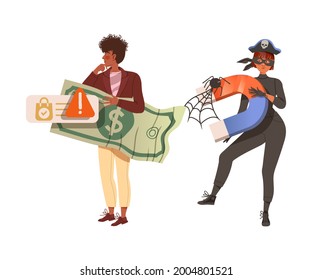Man with Dollar Banknote as Victim of Cybercriminal with Magnet Committing Network Crime Harming Financial Health Vector Illustration