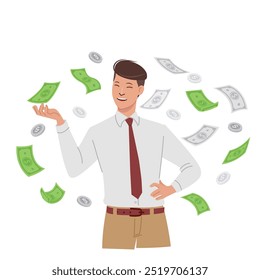 Homem com nota de dólar e moeda estão todos ao redor, conceito de ilustração de dinheiro com atividade. Ilustração de vetor plano.