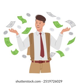 Homem com nota de dólar e moeda estão todos ao redor, conceito de ilustração de dinheiro com atividade. Ilustração de vetor plano.