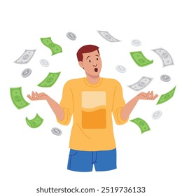 Homem com nota de dólar e moeda estão todos ao redor, conceito de ilustração de dinheiro com atividade. Ilustração de vetor plano.