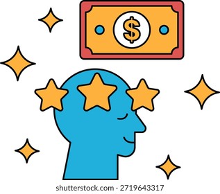 Un hombre con un billete de un dólar en la cabeza. El billete de un dólar está rodeado de estrellas. Concepto de riqueza y éxito